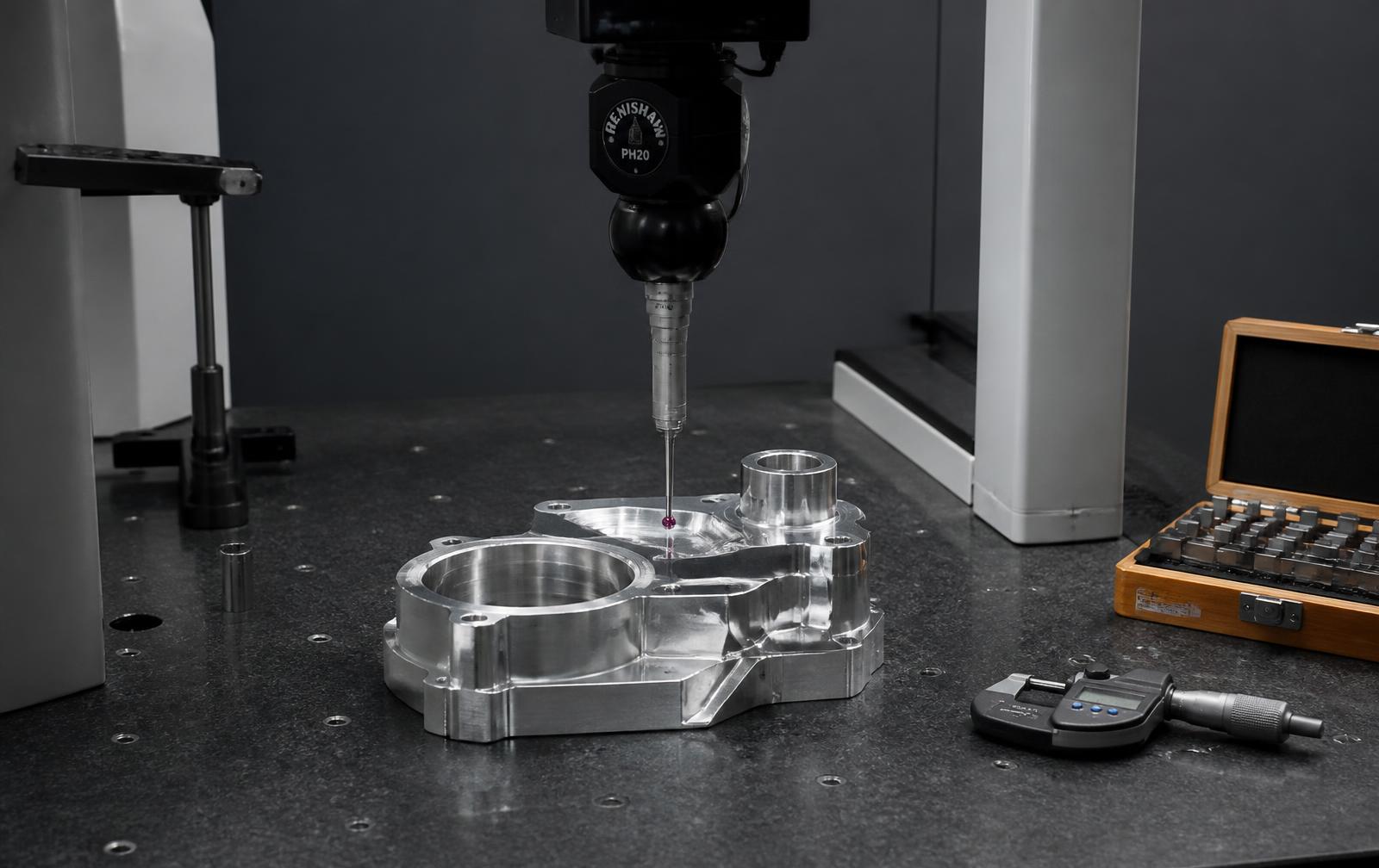 CMM probe measuring a machined aluminium housing on a granite surface plate