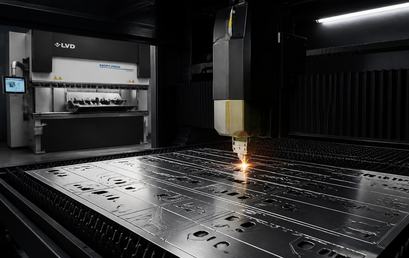 Fibre laser cutting stainless steel sheet next to a CNC press brake